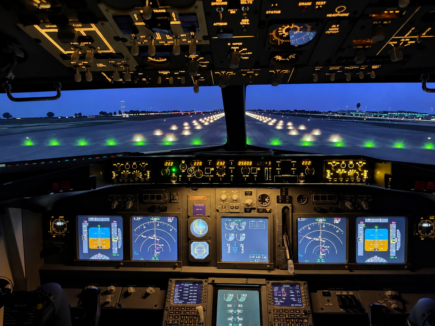 The cockpit illuminated at night